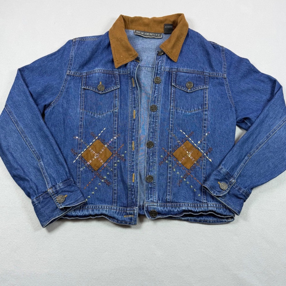 New Identity Denim Jacket Blue Embroidered Sequin Patchwork Brown Collar P/L